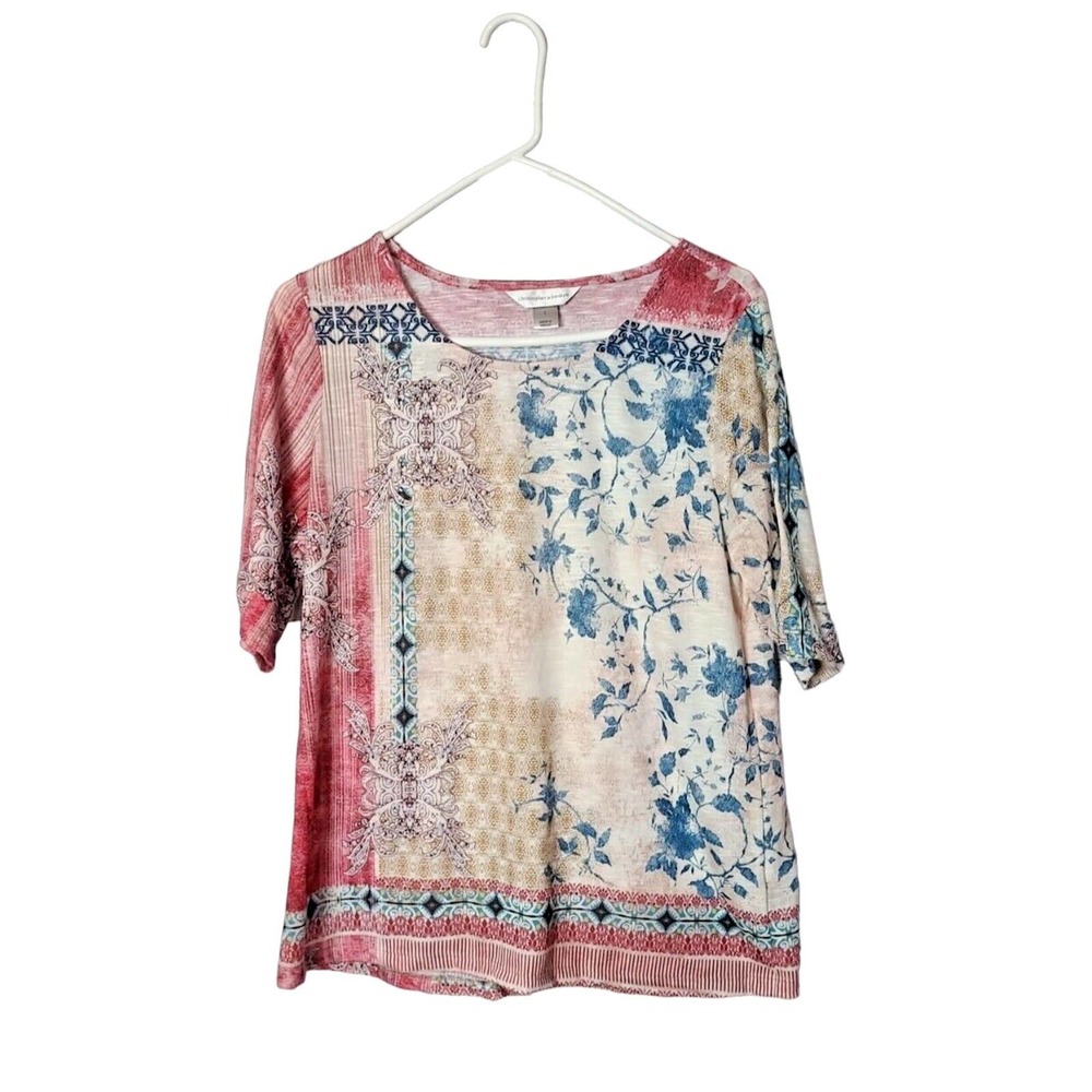Christopher &‎ Banks Pink Blue Floral Print Short Sleeve Top Womans Size Large